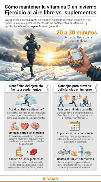Una persona corre por un paisaje nevado bajo un cielo nublado con el sol bajo, mientras una mano sostiene un frasco de suplementos de vitamina D.