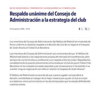 Texto digital con el titular sobre el respaldo del Consejo de Administración del Atlético de Madrid ante el traspaso de Julián Álvarez