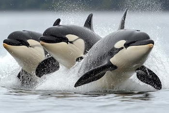 Tres orcas con manchas blancas y negras asoman la cabeza y las aletas dorsales sobre el agua agitada