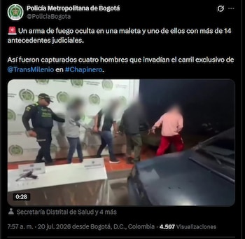 La Fiscalía cuestionó la demora de ocho horas entre la aprehensión en Chapinero y la entrega de los capturados al ente investigador en Bogotá - crédito @PoliciaBogota/X