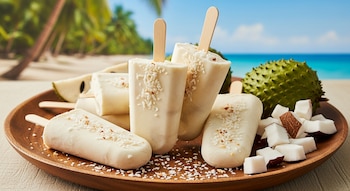 Primer plano de paletas de guanábana y coco espolvoreadas con coco rallado en un plato de madera, con trozos de coco, guanábana y un fondo de playa.
