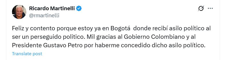 El expresidente panameño le agradeció al mandatario colombiano por firmar su petición de asilo político en tierras sudamericanas - crédito @martinelli/X