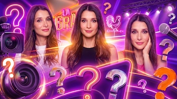 Tres imágenes de Marcela Mistral, cámaras, micrófono, luces de escenario, un gallo de neón, el texto "LA GRANJA" y varios signos de interrogación.