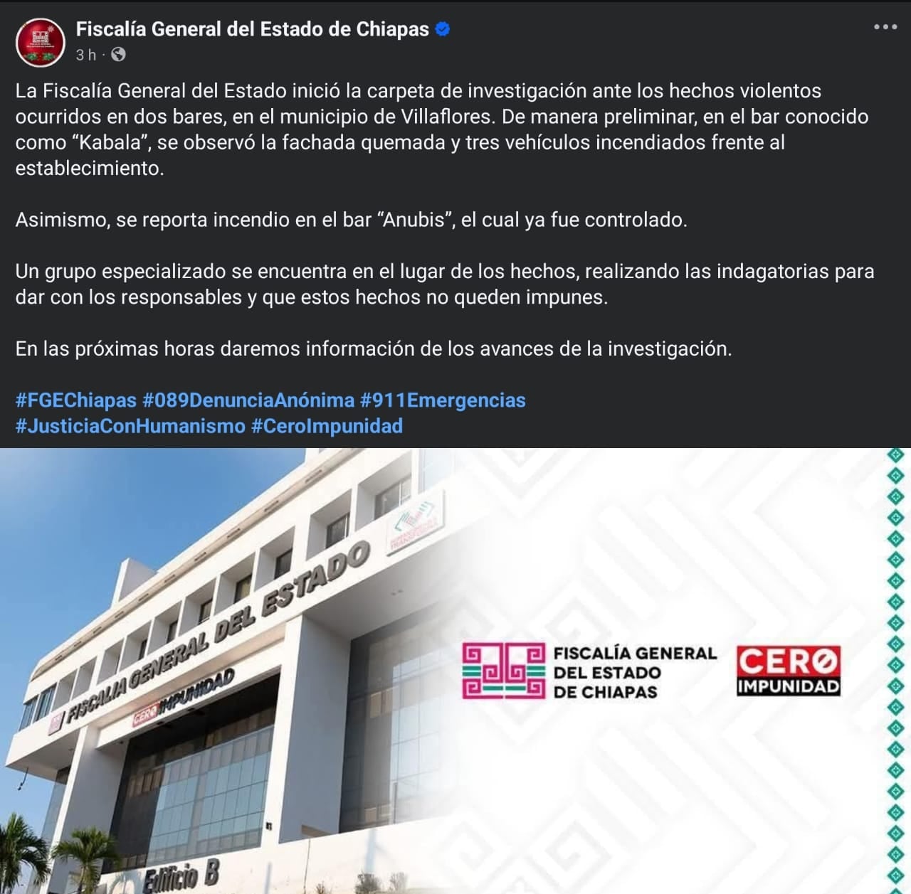 La FGE Chiapas informó que el incendio en el bar