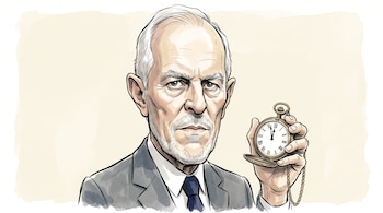 Ilustración de Pedro Pablo Kuczynski en traje gris y corbata azul, sosteniendo un reloj de bolsillo que marca las once y cincuenta y nueve.
