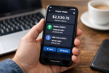 Una mano sostiene un teléfono móvil que muestra una billetera digital de criptomonedas con balances de Tether y USD Coin, con un portátil y una taza en el fondo.