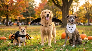 Tres perros con accesorios de araña, murciélago y fantasma sobre el césped junto a varias calabazas en un parque arbolado.