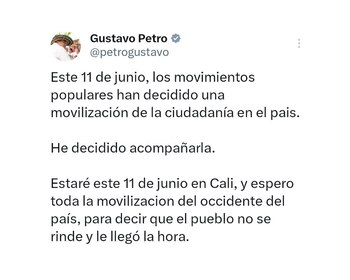 Gustavo Petro participará el 11 de junio de las movilizaciones en Colombia