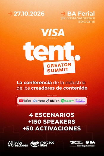 Cartel de fondo naranja y rojo con el título Tent Creator Summit, la fecha 27 de octubre de 2026 y logotipos de plataformas digitales y empresas