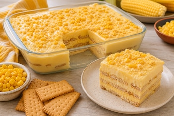 Un recipiente con postre de capas de crema de maíz y galletas, una porción cuadrada en un plato, granos de maíz y galletas sueltas.