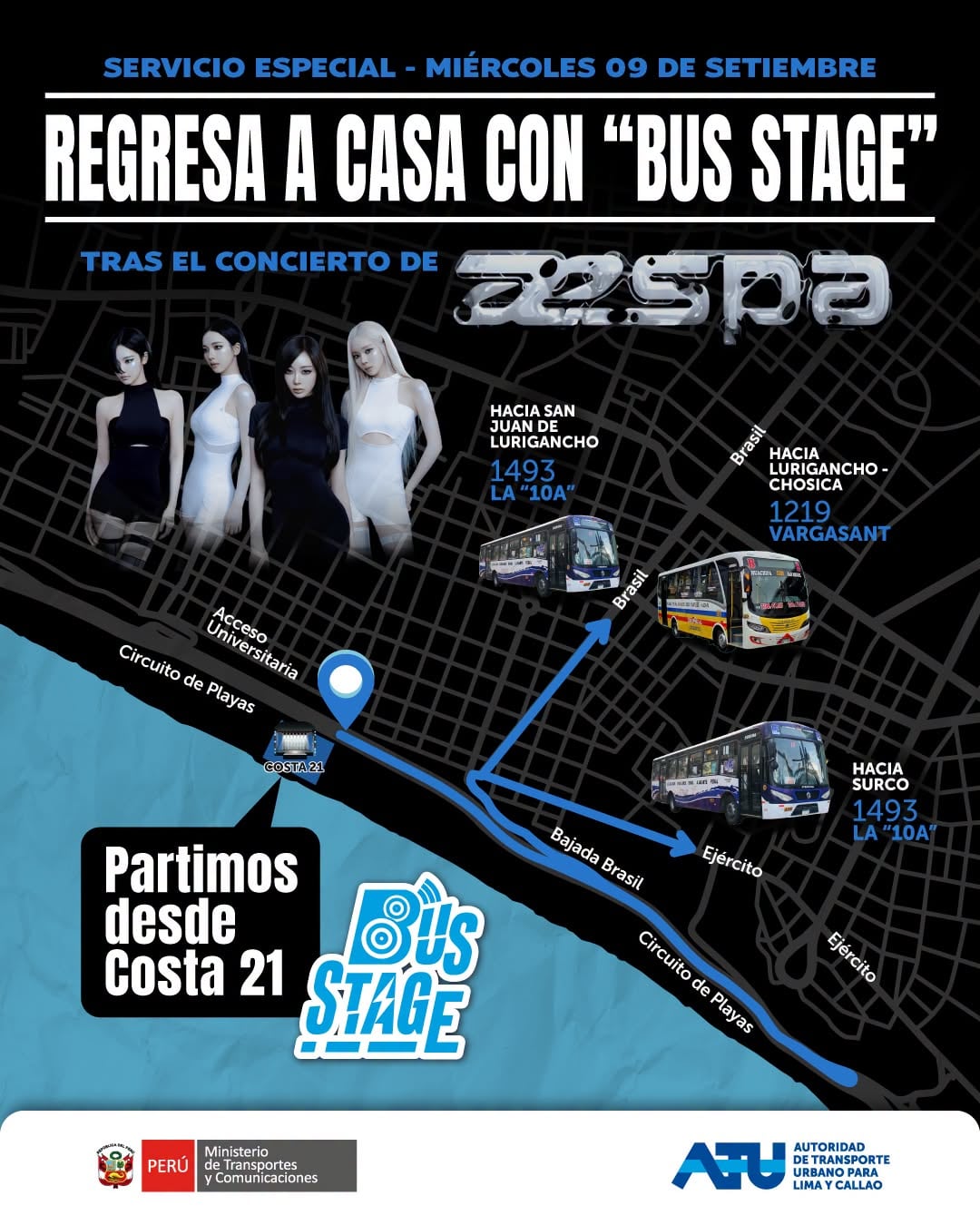 Un mapa de la Autoridad de Transporte Urbano informa sobre las rutas especiales del servicio Bus Stage desde Costa 21 tras el concierto de Aespa en Lima.