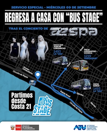 Afiche de la Autoridad de Transporte Urbano con rutas desde Costa 21, fotos de Aespa y un mapa vial de Lima