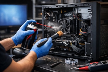 Primer plano de un técnico con guantes azules limpiando los ventiladores y componentes internos de una computadora de escritorio abierta con aire comprimido y un cepillo.