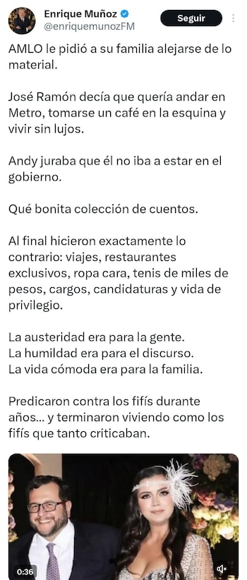 Captura de pantalla del tuit de Enrique Muñoz criticando a los hijos de AMLO, con una foto de José Ramón López Beltrán y Carolyn Adams sonriendo