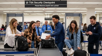 Jóvenes en un control de seguridad de la TSA en un aeropuerto de Estados Unidos, colocando mochilas y laptops en la cinta transportadora frente a arcos de metal.