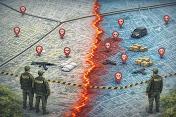 Ilustración de un mapa urbano dividido por una grieta roja. Se ven armas, paquetes de drogas, dinero, un coche y marcadores de calaveras, con policías en los bordes.