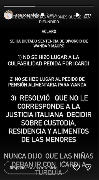 Captura de pantalla de un mensaje en redes sociales de Ana Rosenfeld con texto blanco sobre fondo negro relativo a una sentencia de divorcio
