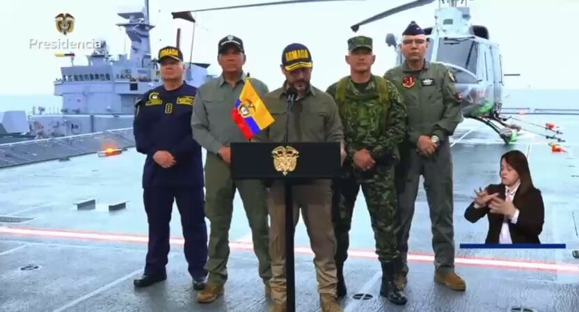 Desde un buque de guerra, el presidente colombiano Abelardo de la Espriella anunció que su gobierno establecerá oficialmente las líneas de base del archipiélago de San Andrés, Providencia y Santa Catalina (Captura de video)