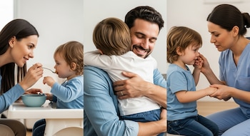Un montaje de tres imágenes muestra: una madre alimentando a un niño, un padre abrazando a un niño y una cuidadora consolando a un niño.