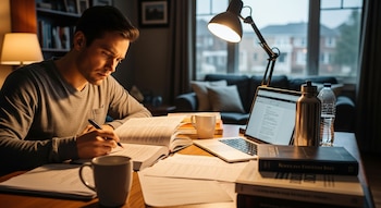 Hombre de 40 años sentado en un escritorio de madera, concentrado, escribiendo en un libro abierto bajo la luz de una lámpara, con un portátil y tazas.