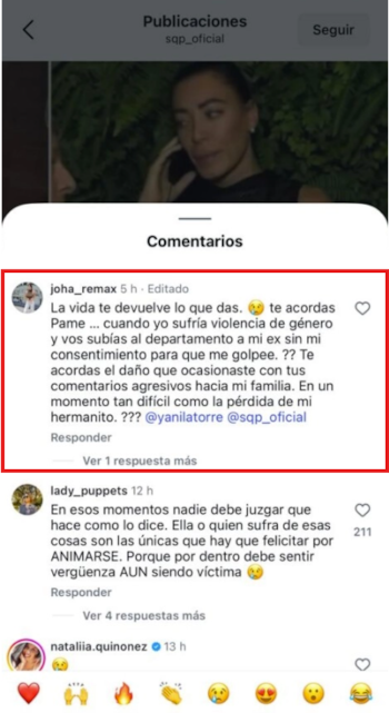 Captura de pantalla de un comentario de Instagram de Johanna Villafañe donde acusa a Pamela Pombo, con una mujer hablando por teléfono de fondo
