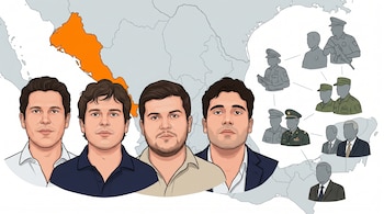 Caricatura de cuatro hombres identificados como Los Chapitos, un mapa naranja de Sinaloa sobre México, y siluetas conectadas de policías, militares y políticos.
