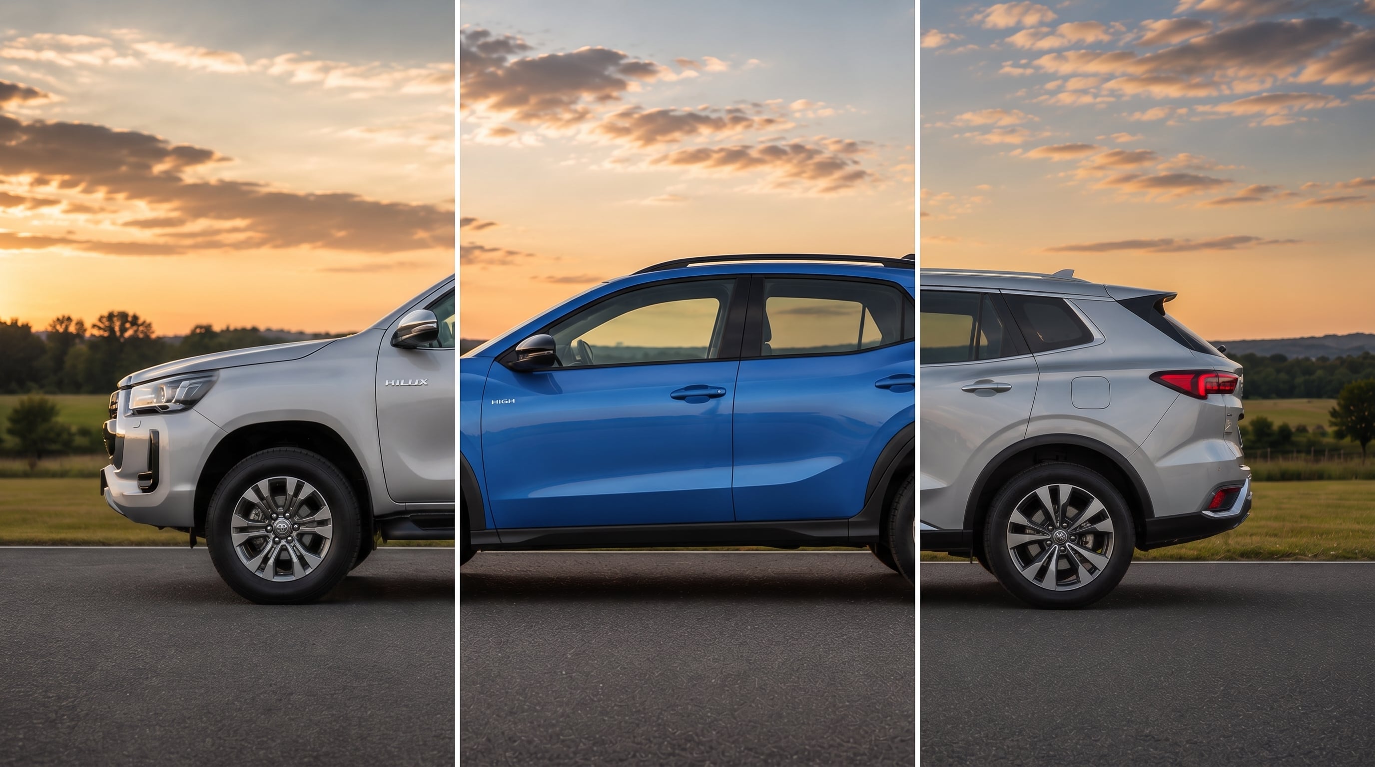 Una pickup Toyota Hilux argentina, un Volkswagen Tera brasileño y un Ford Territory chino como referencia de los tres principales países que abastecen de autos al mercado argentino (Imagen Ilustrativa Infobae)