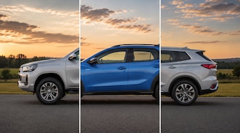 Tres paneles verticales con el frente, el costado y la parte trasera de tres automóviles sobre una carretera al atardecer.