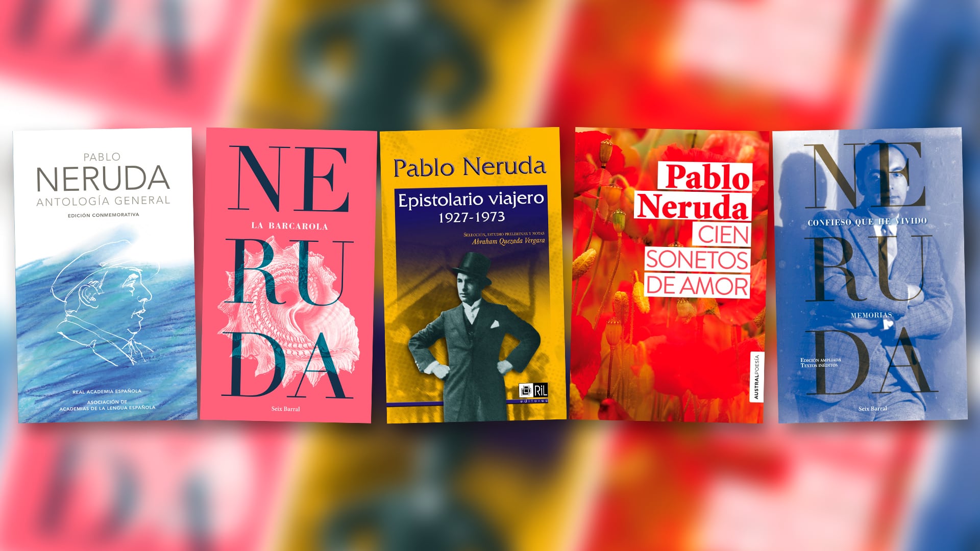 Algunos libros de Pablo Neruda, entre ellos su autobiografía publicada de forma póstuma