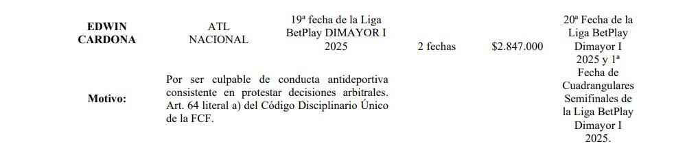 Esta es la sanción de la Dimayor contra Edwin Cardona por reclamarle al juez central - crédito Dimayor