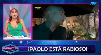 Pantalla dividida: Magaly Medina en vestido verde a la izquierda y Paolo Guerrero de perfil en un local. Texto: "¡PAOLO ESTÁ RABIOSO!"