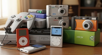 Primer plano de una pila de consolas de videojuegos antiguas, reproductores MP3 y cámaras digitales portátiles sobre una mesa de madera.