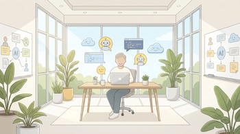 Ilustración de una persona en un escritorio con un portátil en una oficina con ventanas, plantas, pizarras con diagramas y varios iconos de inteligencia artificial.