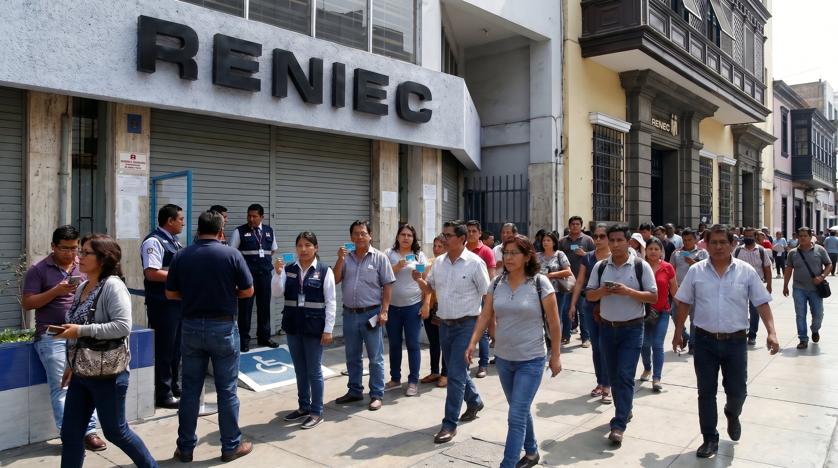 Empleados de RENIEC con chalecos institucionales y documentos de identidad en mano aguardan en la entrada de una oficina mientras peatones transitan sin detenerse en la concurrida calle. (Imagen Ilustrativa Infobae)