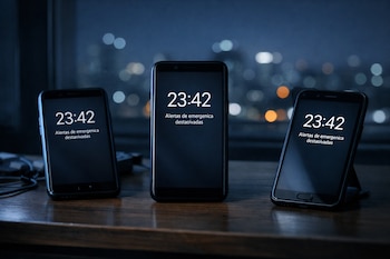 Tres teléfonos móviles en una mesa de madera, con pantallas que muestran la hora 23:42 y "Alertas de emergencia desactivadas". Fondo urbano nocturno con luces.