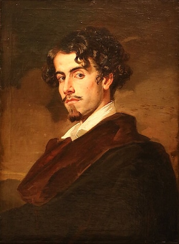 Un retrato pintado por el hermano del poeta en el que se le ve de perfil con la cabeza ligeramente girada al espectador.