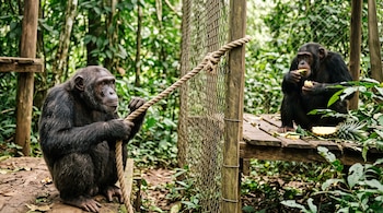 Un chimpancé sentado sostiene una cuerda gruesa mientras otro come piña sobre una plataforma de madera junto a una cerca de malla metálica.