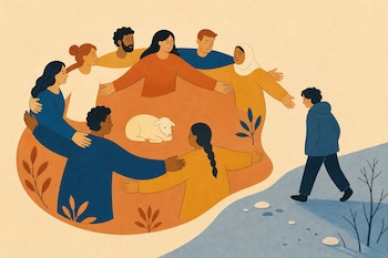 Ilustración de personas en semicírculo con brazos abiertos, una oveja en el centro y una persona caminando sobre un sendero azul.