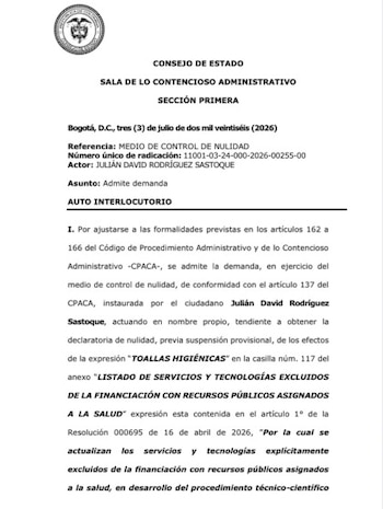 El Consejo de Estado admitió una demanda del concejal de Bogotá Julián Sastoque que busca sacar las toallas higiénicas del listado de servicios excluidos de financiación con recursos del sistema de salud - crédito Consejo de Estado