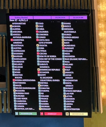 La iniciativa de La Habana conservó la mayoría, pero el apoyo descendió desde 165 sufragios registrados en 2025, mientras crecieron las negativas y las abstenciones, según medios que siguieron la sesión (Foto cortesía Embajador M. Waltz)