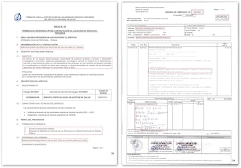 Documentos legales en español detallan un contrato de servicio, incluyendo una "Orden de Servicio" y "Términos de Referencia", con el nombre Héctor Becerril y un monto de S/ 39,132 visibles
