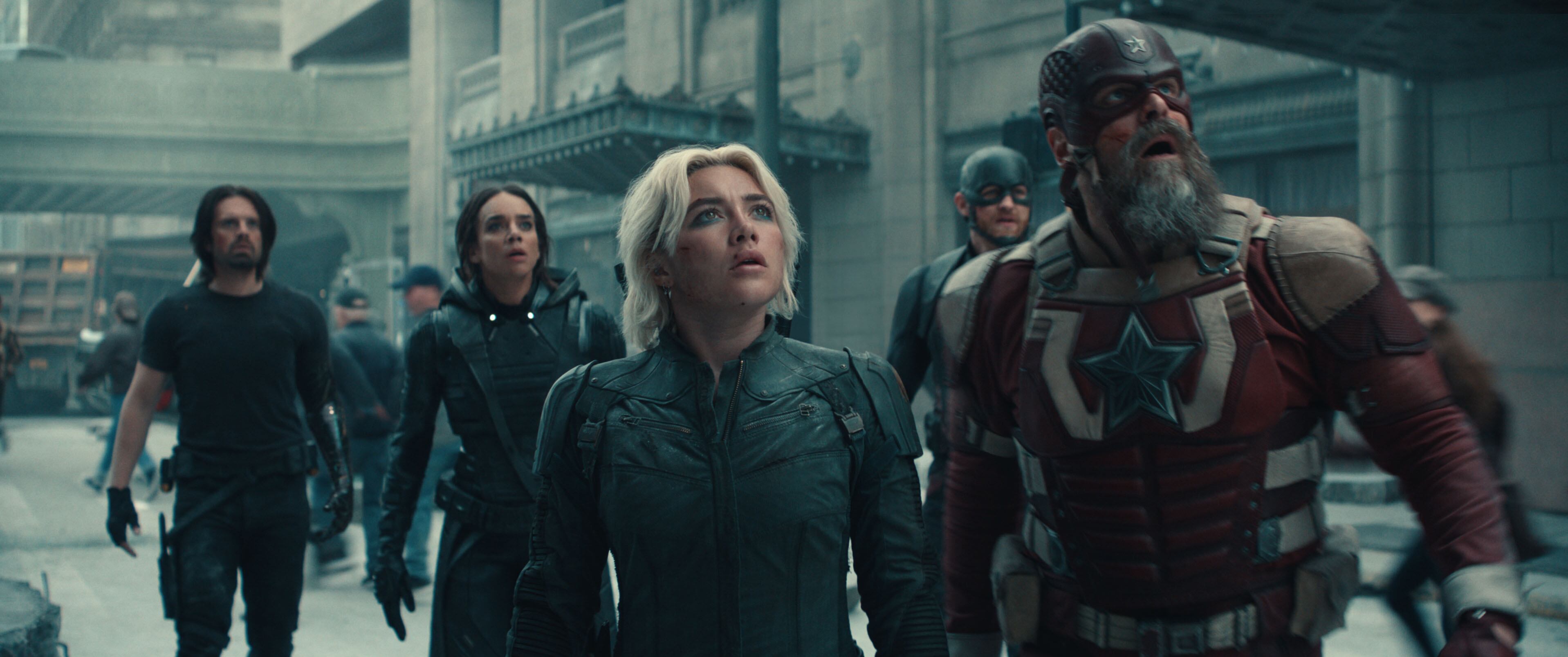 (L-R) Bucky Barnes (Sebastian Stan), Ghost (Hannah John-Kamen), Yelena Belova (Florence Pugh), John Walker (Wyatt Russell), and Red Guardian/Alexei Shostakov (David Harbour) in Marvel Studios