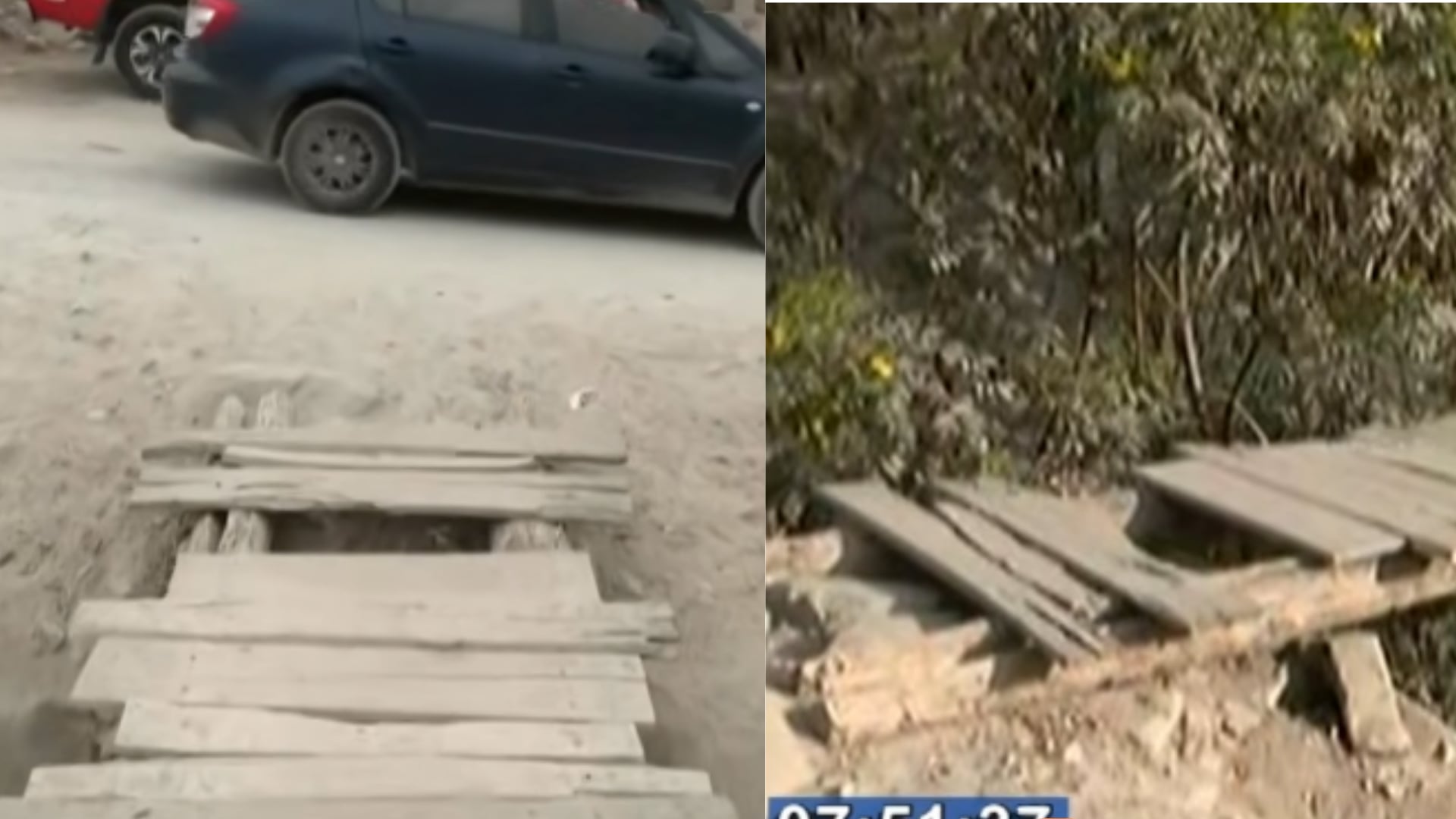 Un puente artesanal de madera en la quebrada California de Lurigancho-Chosica sirve como único paso peatonal para los vecinos de la zona. (Composición: Infobae Perú)