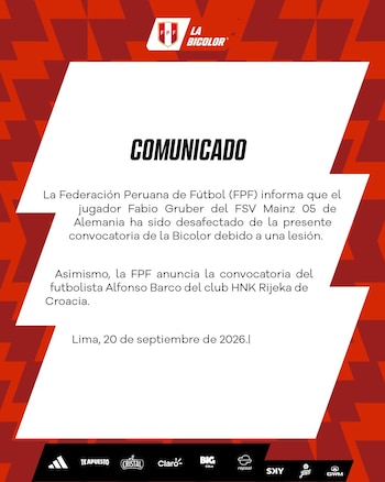 El comunicado de la FPF con la baja de Fabio Gruber y la inclusión de Alfonso Barco para los amistosos de Perú de setiembre y octubre. - créditos: FPF