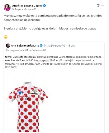 La exsenadora cuestionó el desmonte de la camiseta deportiva - crédito @AngelicaLozanoC/X