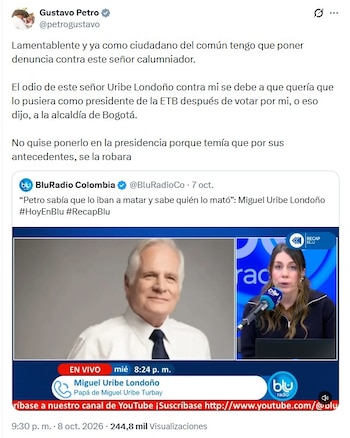 Petro respondió a los señalamientos de Uribe Londoño vía X la noche del jueves 8 de octubre de 2026 - crédito @petrogustavo/X