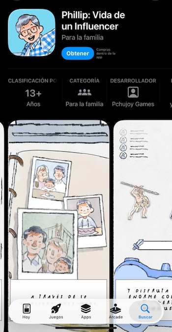 Captura de pantalla de una tienda de aplicaciones con el videojuego Phillip: Vida de un Influencer, su clasificación por edad, categoría, desarrollador e imágenes de juego