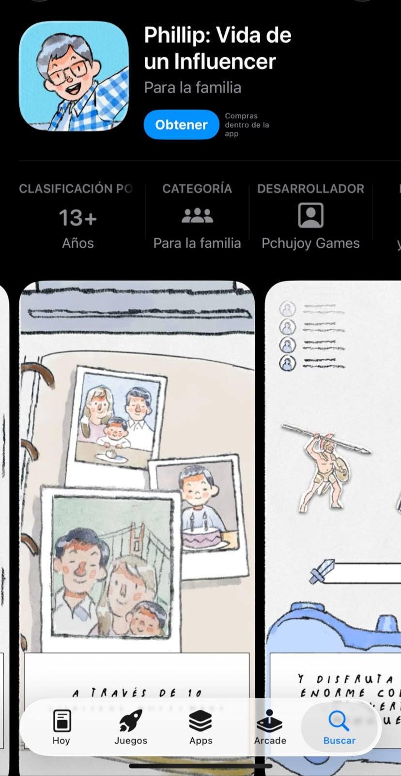 La interfaz de una tienda de aplicaciones muestra el videojuego Phillip: Vida de un Influencer, desarrollado por Pchujoy Games y con una clasificación de 13+ años.