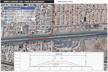 Vista aérea de un mapa que muestra una ruta naranja de un puente sobre la autopista México-Puebla, rodeada de área urbana, con detalles técnicos y perfil de elevación