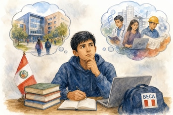 Ilustración de un joven junto a una bandera de Perú, libros y una mochila con la palabra BECA, con globos de pensamiento sobre opciones académicas.